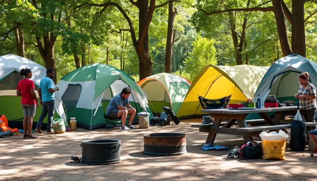 Campers setting up at Jim Edgar Panther Creek State Park with camping gear and supplies Campers setting up at Jim Edgar Panther Creek State Park with camping gear and supplies