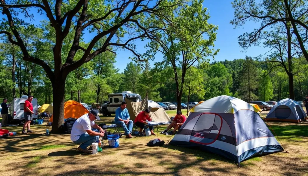 Campers setting up at Keystone State Park Pennsylvania campground