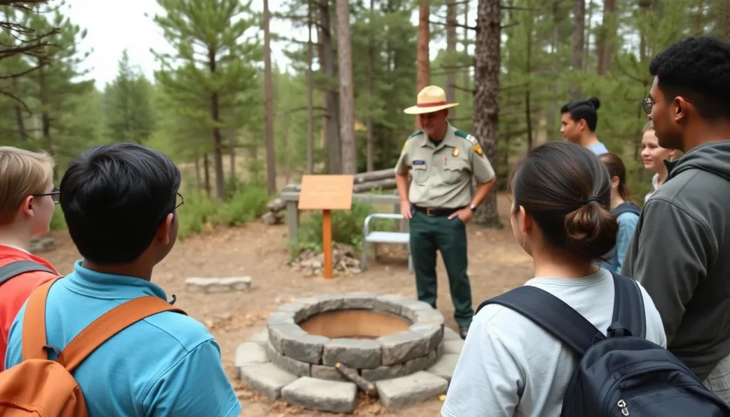 Campfire safety demonstration at Fenton Lake with park ranger speaking to diverse group of visitors Campfire safety demonstration at Fenton Lake with park ranger speaking to diverse group of visitors