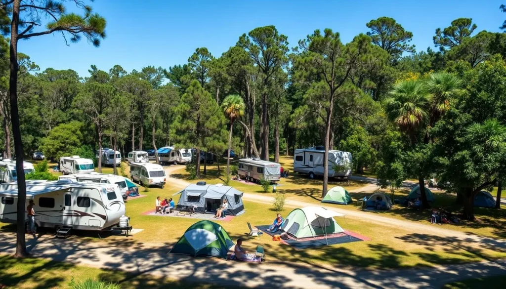 Campground at Florida Caverns State Park with RVs and tents set up among trees Campground at Florida Caverns State Park with RVs and tents set up among trees