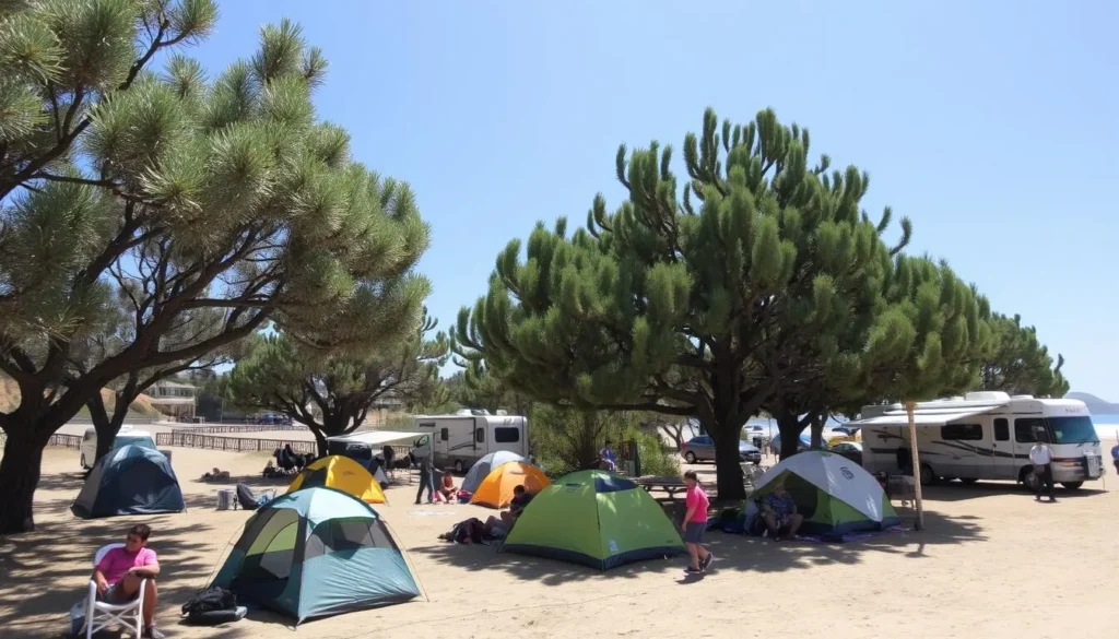 Campground at San Clemente State Beach with tents and RVs overlooking the ocean Campground at San Clemente State Beach with tents and RVs overlooking the ocean