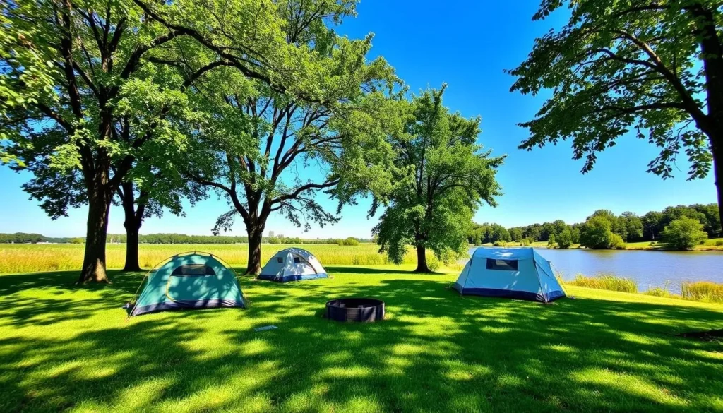 Camping area at Hennepin Canal State Park with tents set up near the water and trees providing shade Camping area at Hennepin Canal State Park with tents set up near the water and trees providing shade