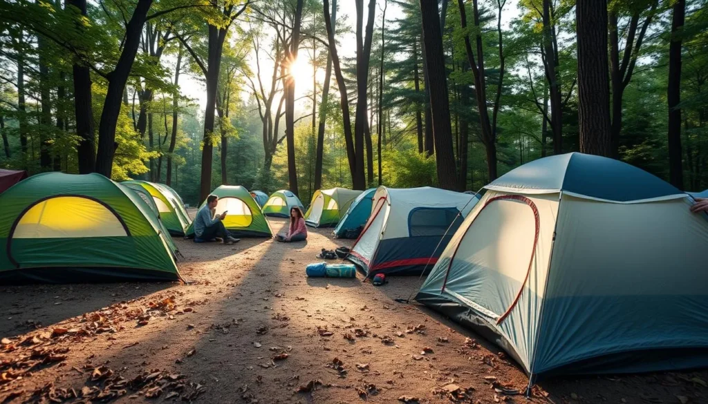 Camping area at Kankakee River State Park Illinois with tents set up among trees Camping area at Kankakee River State Park Illinois with tents set up among trees