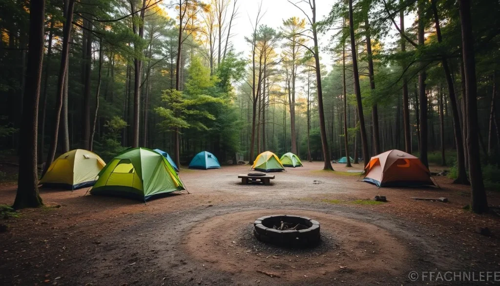 Camping area at Lake Jean Pennsylvania with tents set up Camping area at Lake Jean Pennsylvania with tents set up