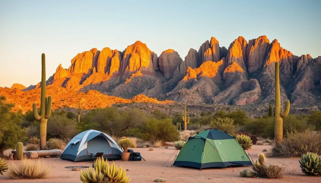 Camping area at Lost Dutchman State Park with Superstition Mountains backdrop