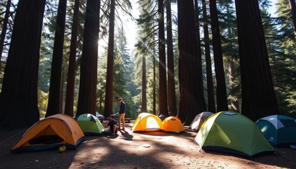 Camping area at Mount Tamalpais State Park with tents set up among redwood trees Camping area at Mount Tamalpais State Park with tents set up among redwood trees