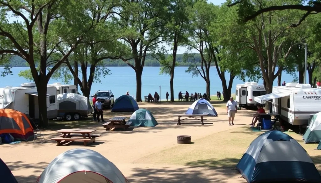 Camping area at Prairie Lake in Jim Edgar Panther Creek State Park showing tents and RVs with the lake in background Camping area at Prairie Lake in Jim Edgar Panther Creek State Park showing tents and RVs with the lake in background