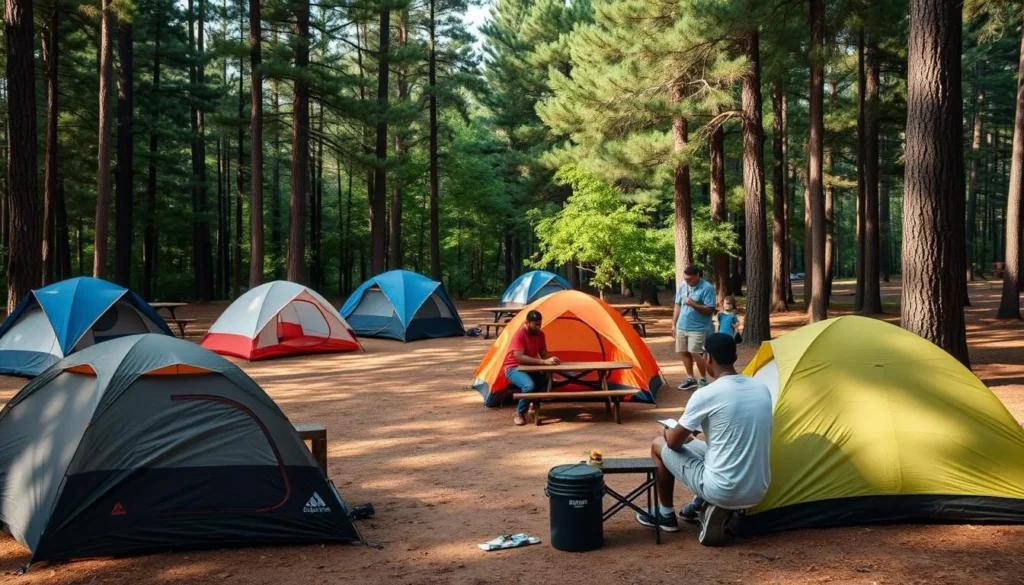 Camping area at Shady Pines in Big River State Park with tents set up among trees