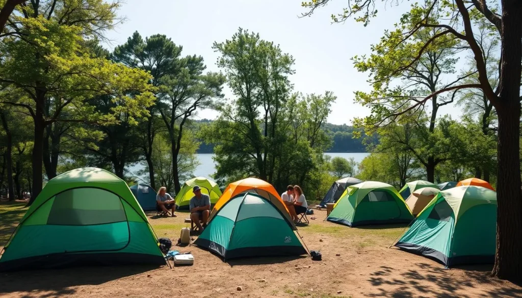 Camping area at nearby Fort Massac State Park with tents set up under trees