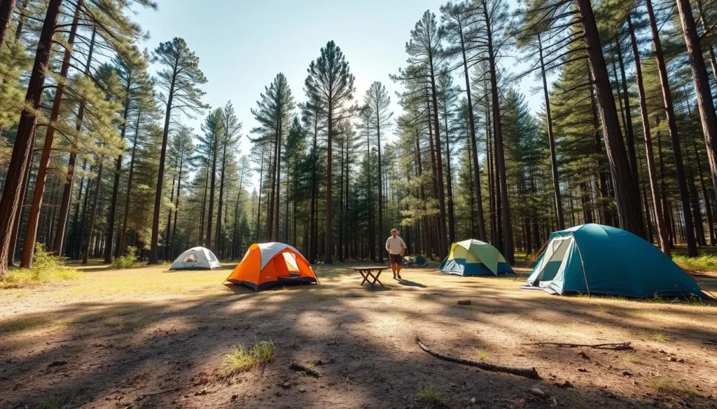 Camping area in Bald Eagle State Forest near McCalls Dam State Park showing tents set up among tall trees Camping area in Bald Eagle State Forest near McCalls Dam State Park showing tents set up among tall trees