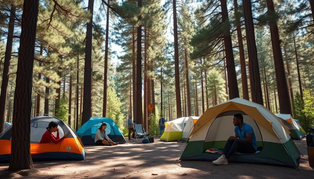 Camping area in Mount San Jacinto State Park with tents set up among pine trees Camping area in Mount San Jacinto State Park with tents set up among pine trees