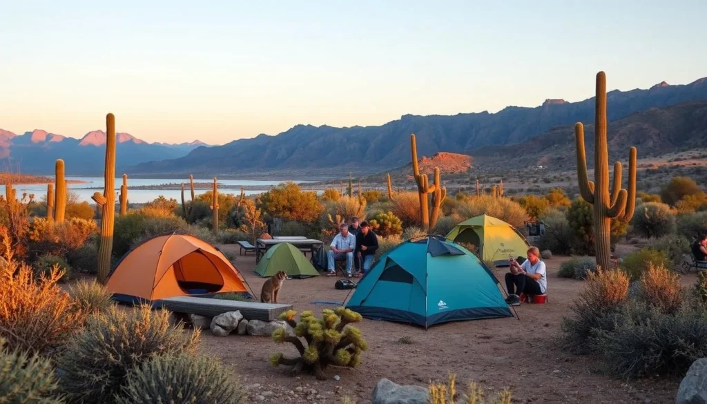 Camping area near Canyon Lake with tents set up among desert vegetation and mountain views
