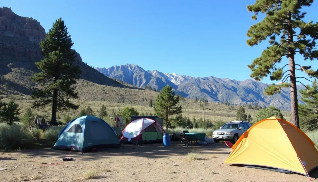 Camping area near Crab Cooker Hot Springs with tents and mountains in background Camping area near Crab Cooker Hot Springs with tents and mountains in background