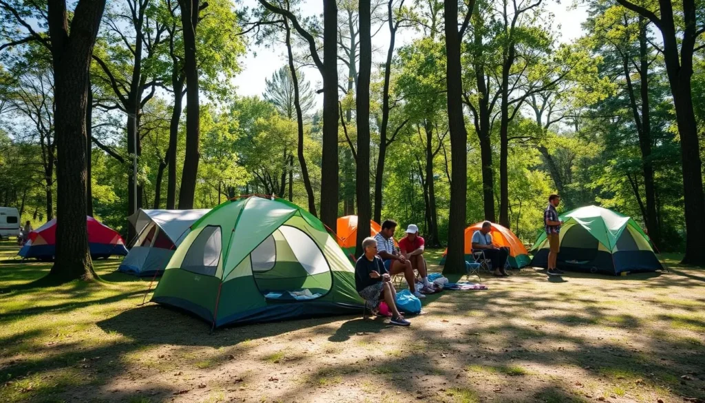 Camping area near Lake Vermilion with tents set up among trees Camping area near Lake Vermilion with tents set up among trees