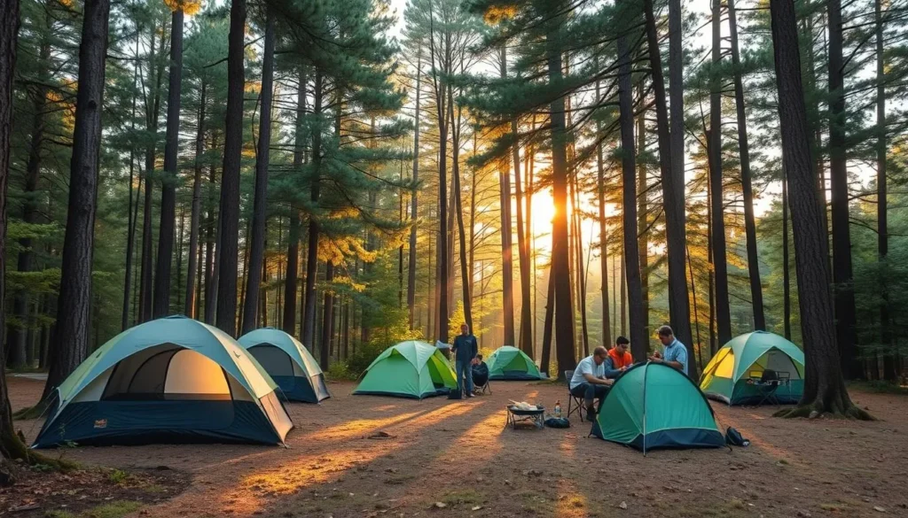 Camping area near Maurice K. Goddard State Park Pennsylvania with tents set up among trees Camping area near Maurice K. Goddard State Park Pennsylvania with tents set up among trees