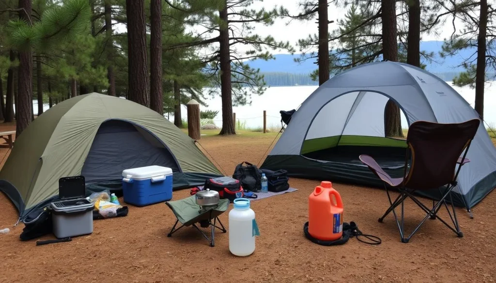 Camping gear organized at Fenton Lake campsite with tent, cooking equipment, and supplies Camping gear organized at Fenton Lake campsite with tent, cooking equipment, and supplies
