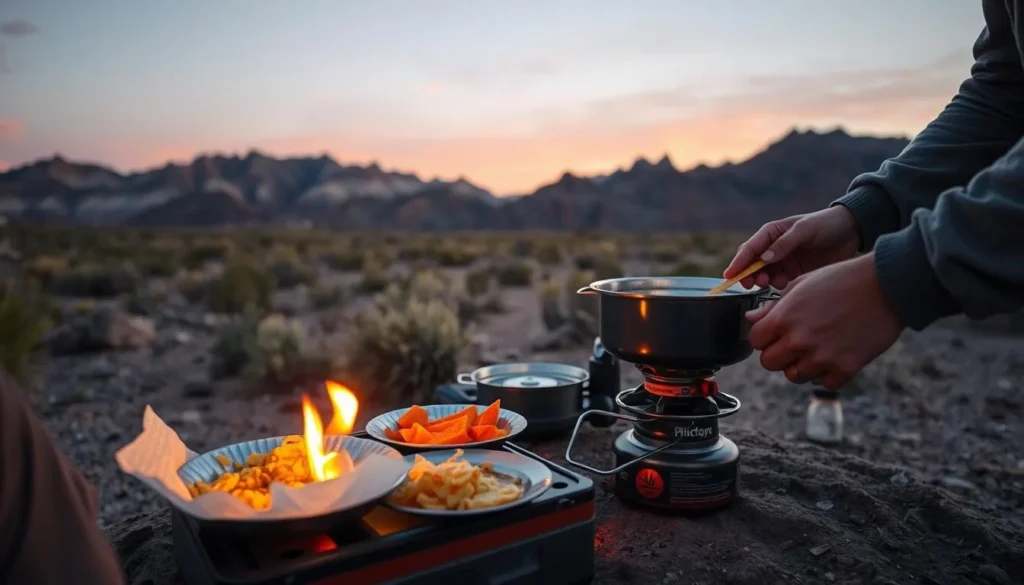 Camping meal preparation with portable stove in Kofa wilderness with sunset view Camping meal preparation with portable stove in Kofa wilderness with sunset view