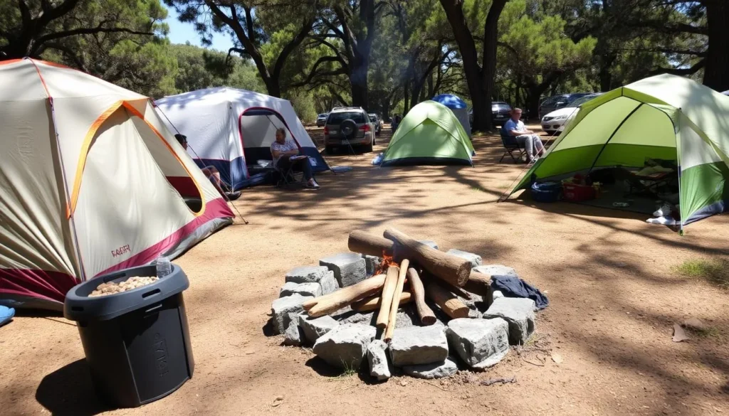 Camping setup at Hearst San Simeon State Park California with tents and campfire Camping setup at Hearst San Simeon State Park California with tents and campfire