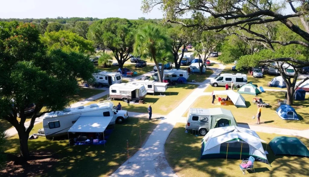 Camping setup at Manatee Springs State Park with RV and tent sites