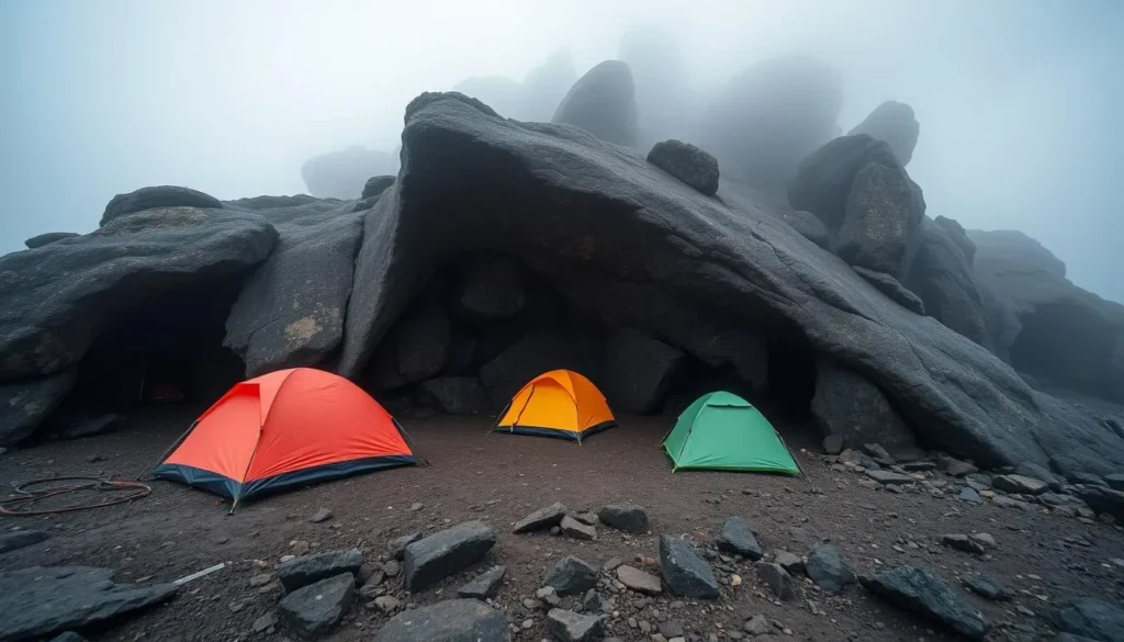Camping setup at the summit of Mount Roraima with tents set up in one of the natural rock shelters known as 'hotels' Camping setup at the summit of Mount Roraima with tents set up in one of the natural rock shelters known as 'hotels'