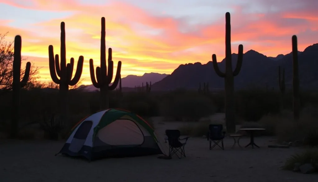 Camping setup in Cabeza Prieta National Wildlife Refuge with tent and desert landscape at sunset
