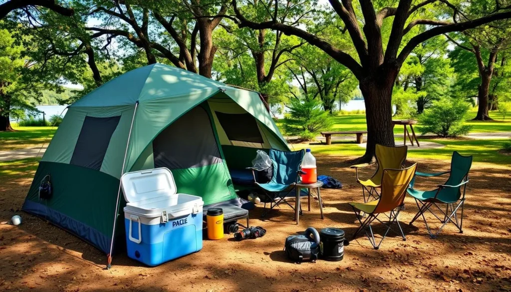 Camping setup with tent and gear at Horseshoe Lake State Park Illinois Camping setup with tent and gear at Horseshoe Lake State Park Illinois