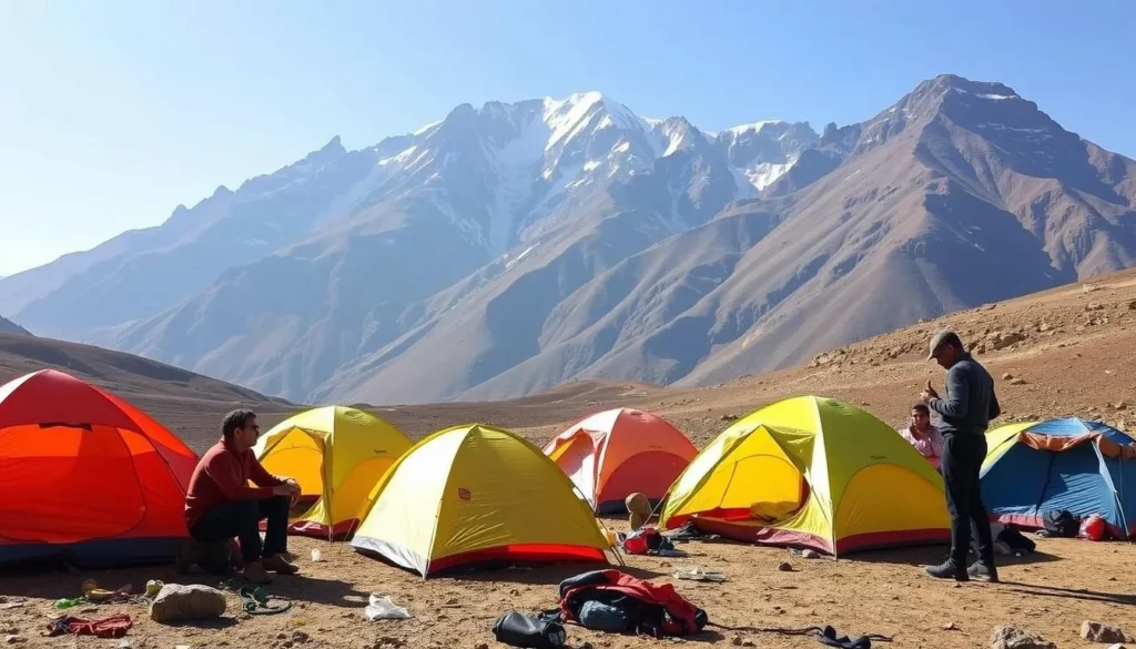 Camping site at Chennek camp on Mount Ras Dashen with tents set up against mountain backdrop