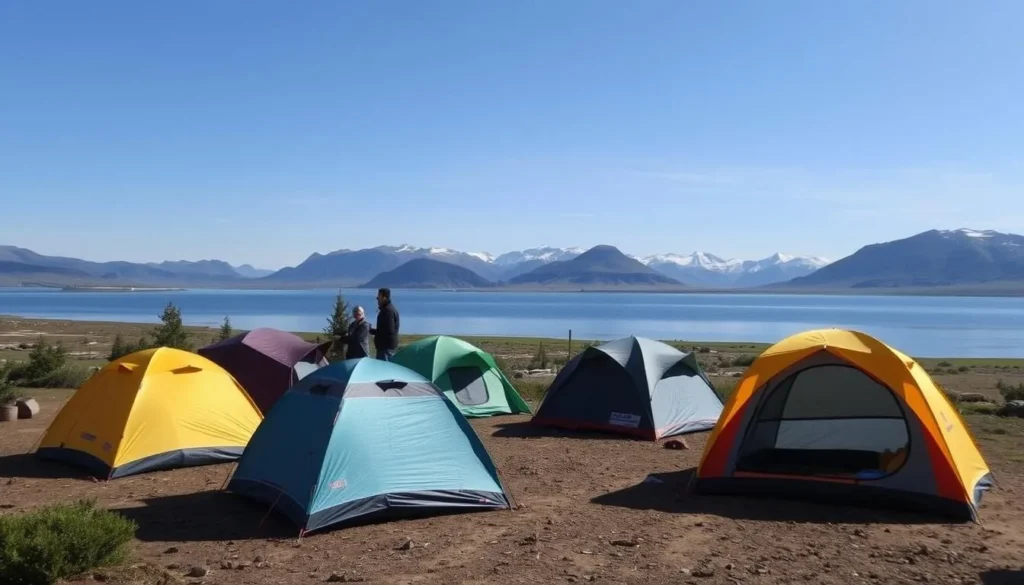 Camping site near Lake Verkhne-Olkhonskoye with tents set up in a scenic location Camping site near Lake Verkhne-Olkhonskoye with tents set up in a scenic location