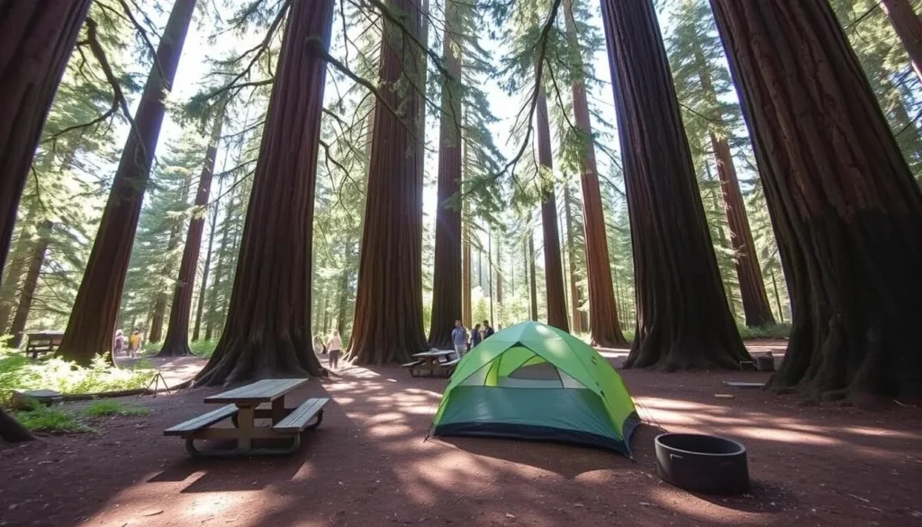 Campsite among redwood trees at Paul M. Dimmick Campground in Navarro River Redwoods State Park California Campsite among redwood trees at Paul M. Dimmick Campground in Navarro River Redwoods State Park California
