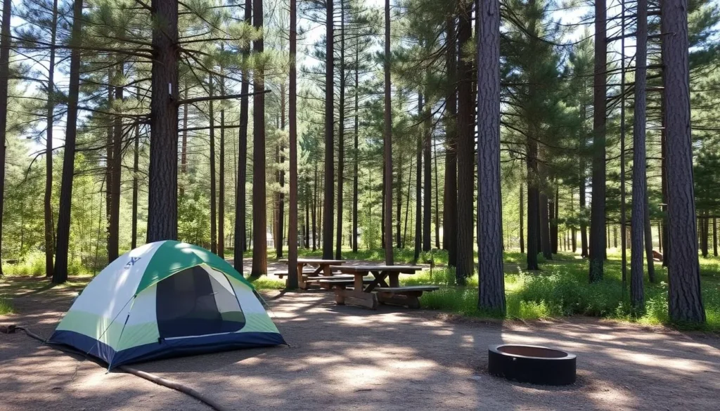 Campsite among tall pine trees at Chief Keokuk Campground in Johnson-Sauk Trail State Park Illinois Campsite among tall pine trees at Chief Keokuk Campground in Johnson-Sauk Trail State Park Illinois