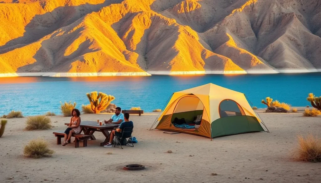 Campsite at Boulder Beach with Lake Mead views and desert landscape Campsite at Boulder Beach with Lake Mead views and desert landscape