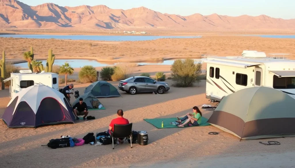 Campsite at Brantley Lake State Park with tents and RVs overlooking the lake