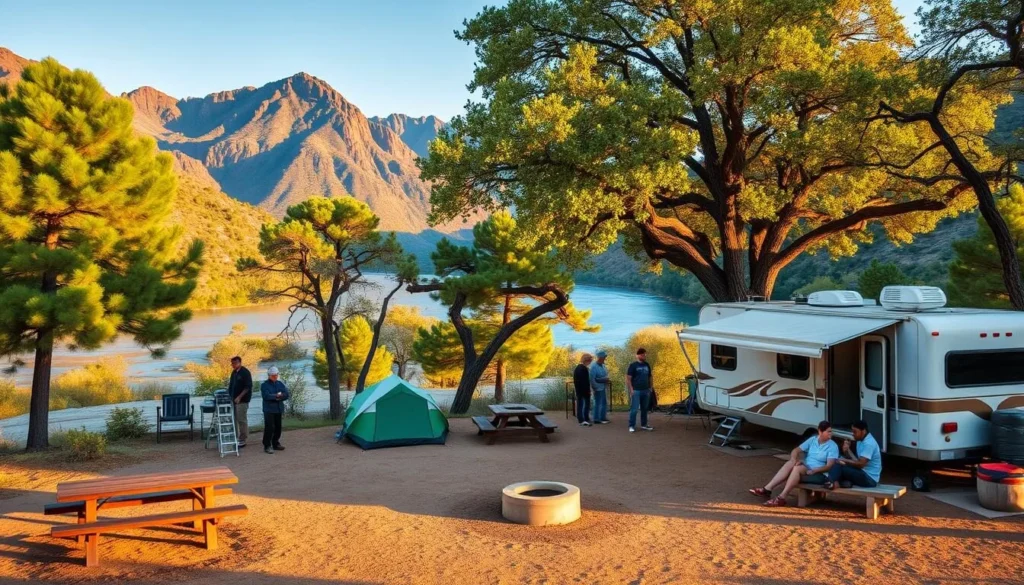 Campsite at Buckskin Mountain State Park with tents and an RV set up near the Colorado River with mountains in the background