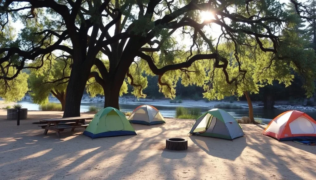 Campsite at Caswell Memorial State Park with tents set up under oak trees near the river Campsite at Caswell Memorial State Park with tents set up under oak trees near the river