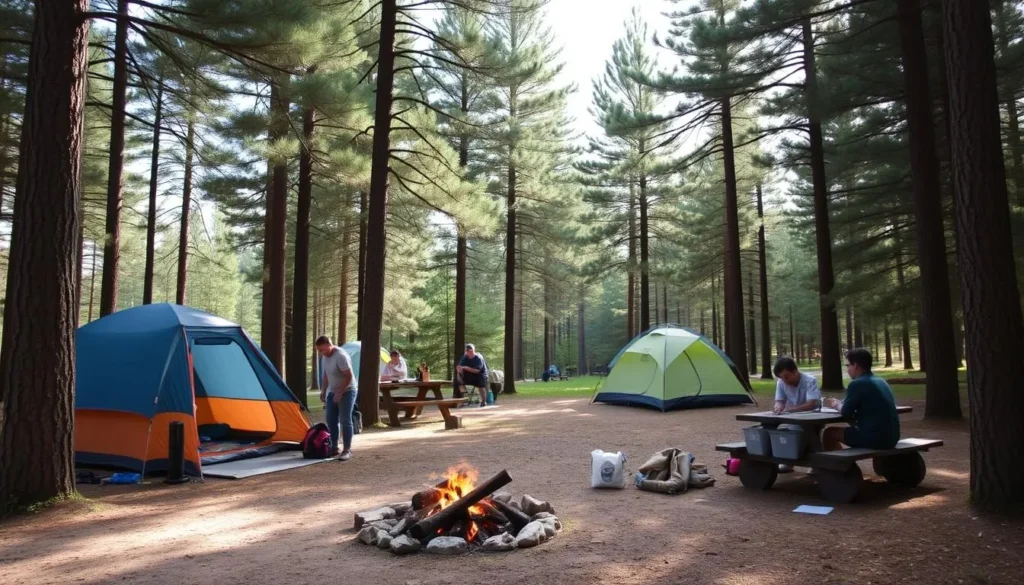 Campsite at Chief Keokuk Campground in Johnson-Sauk Trail Nature Preserve with tents under pine trees Campsite at Chief Keokuk Campground in Johnson-Sauk Trail Nature Preserve with tents under pine trees