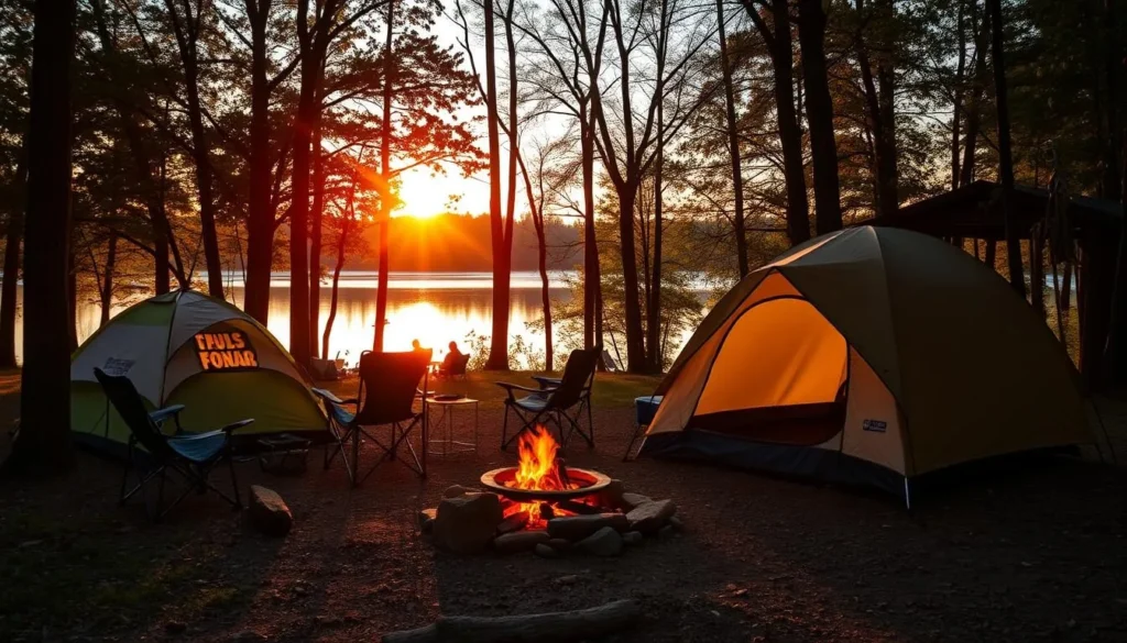 Campsite at Codorus State Park with tent setup near Lake Marburg at sunset Campsite at Codorus State Park with tent setup near Lake Marburg at sunset