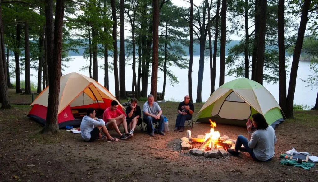 Campsite at Crab Orchard Lake with tents and campfire