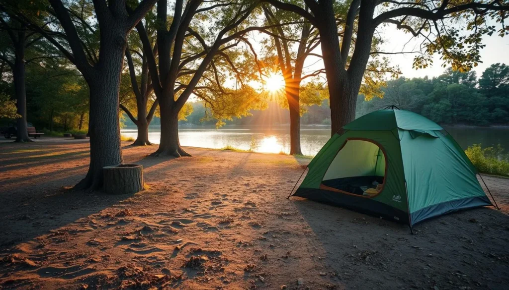 Campsite at Delabar State Park with tent setup under trees near the Mississippi River
