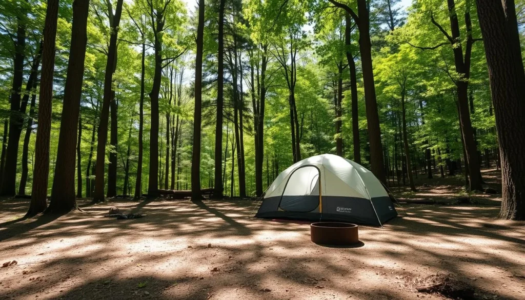 Campsite at Delaware Water Gap National Recreation Area with tent and forest view