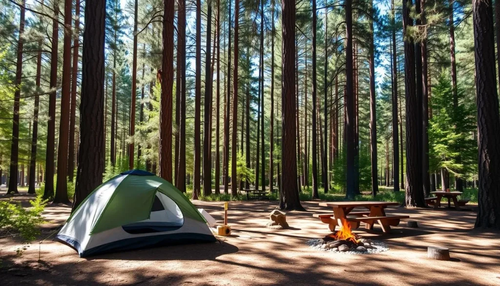 Campsite at Ed Z'berg Sugar Pine Point State Park surrounded by tall pine trees Campsite at Ed Z'berg Sugar Pine Point State Park surrounded by tall pine trees