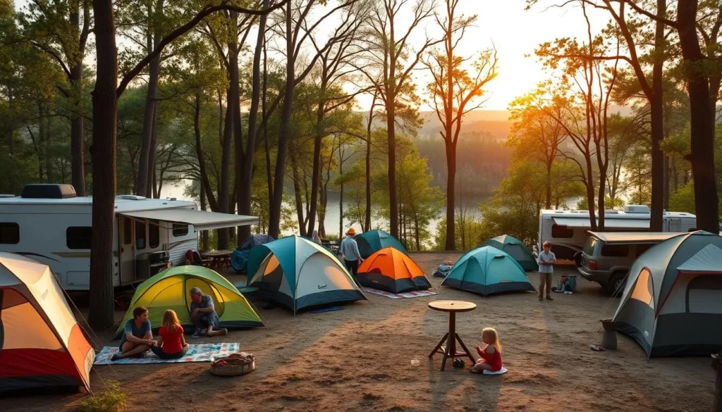 Campsite at Eldon Hazlet State Park with tents and RVs near Carlyle Lake Campsite at Eldon Hazlet State Park with tents and RVs near Carlyle Lake