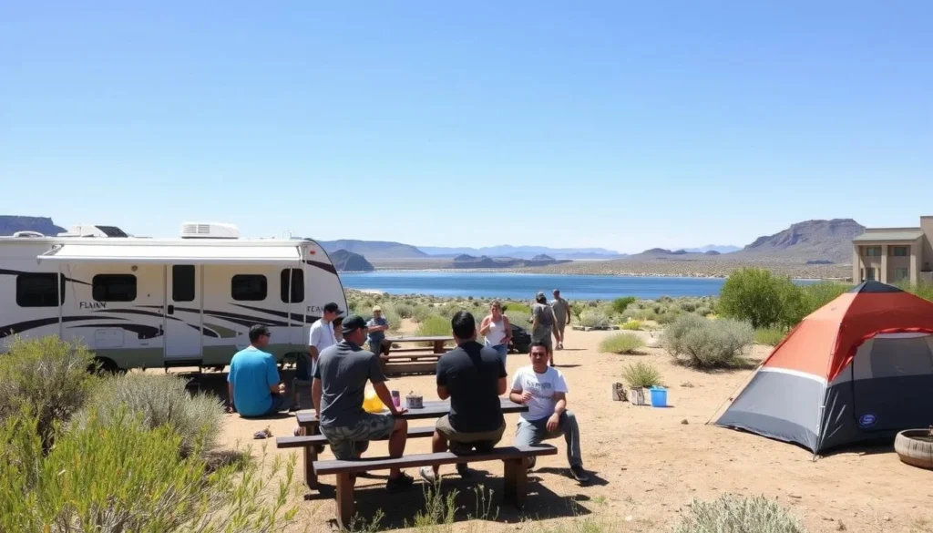 Campsite at Elephant Butte Lake State Park with RV and tent camping options Campsite at Elephant Butte Lake State Park with RV and tent camping options
