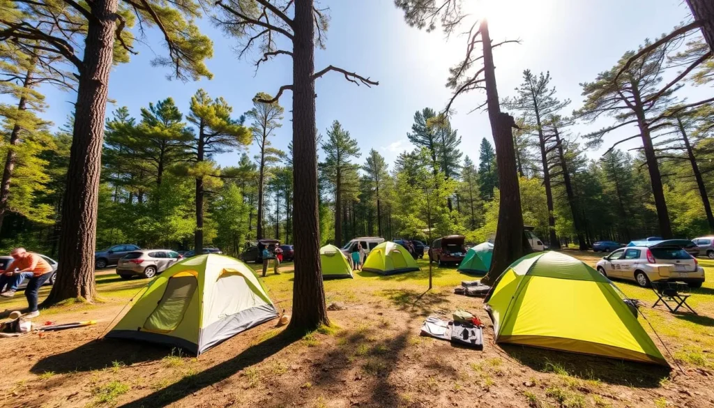 Campsite at Ferne Clyffe State Park with tents set up among trees