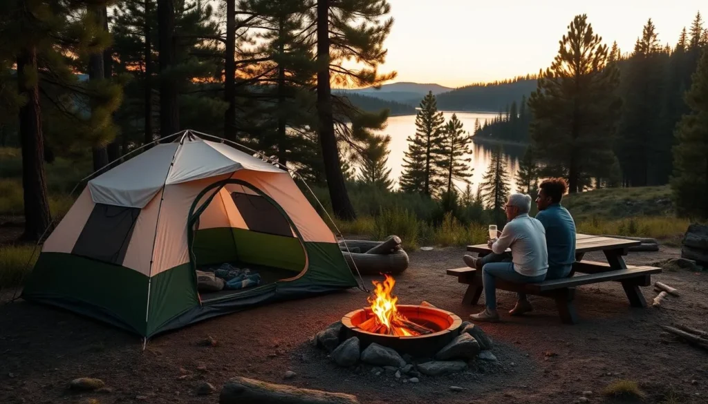 Campsite at Fool Hollow Lake with tent set up among pine trees with lake view