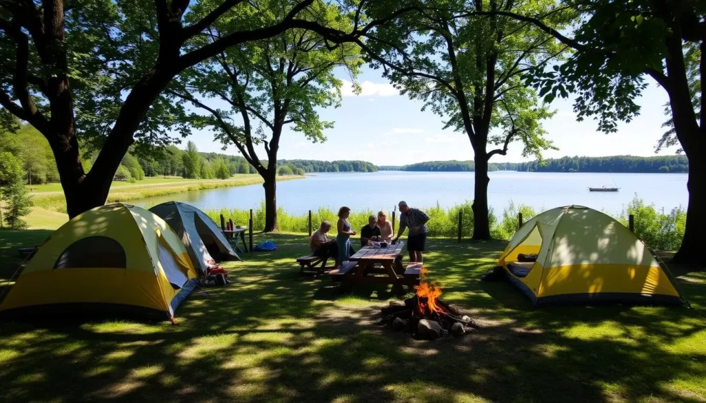 Campsite at Hamilton County State Park with tents set up near Dolan Lake Campsite at Hamilton County State Park with tents set up near Dolan Lake