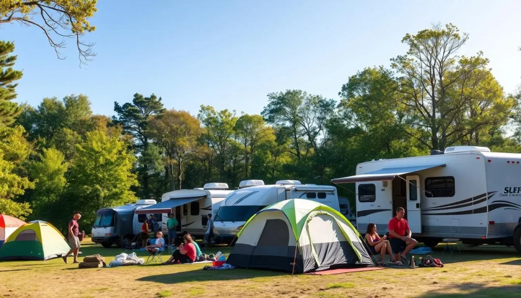 Campsite at Illini State Park with tents and RVs surrounded by trees Campsite at Illini State Park with tents and RVs surrounded by trees