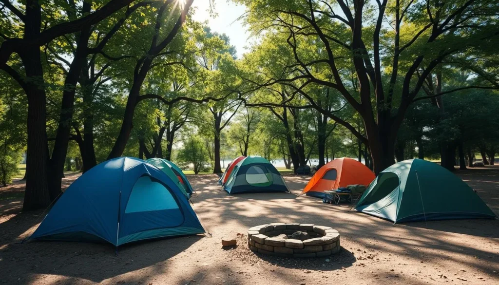 Campsite at Illinois Beach State Park with tents set up among trees Campsite at Illinois Beach State Park with tents set up among trees