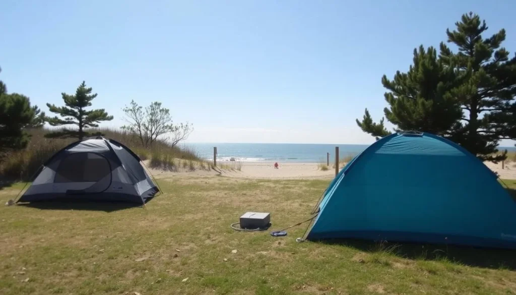 Campsite at Illinois Beach State Park with tents set up near the dunes with Lake Michigan visible in the background Campsite at Illinois Beach State Park with tents set up near the dunes with Lake Michigan visible in the background