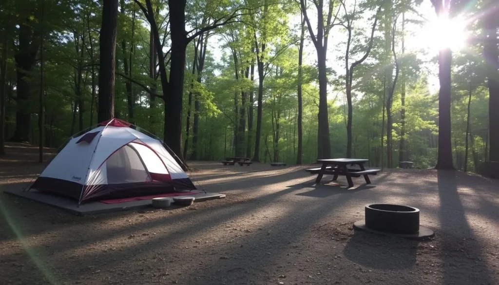 Campsite at Jubilee College State Park Illinois with tents and camping equipment in a wooded setting Campsite at Jubilee College State Park Illinois with tents and camping equipment in a wooded setting