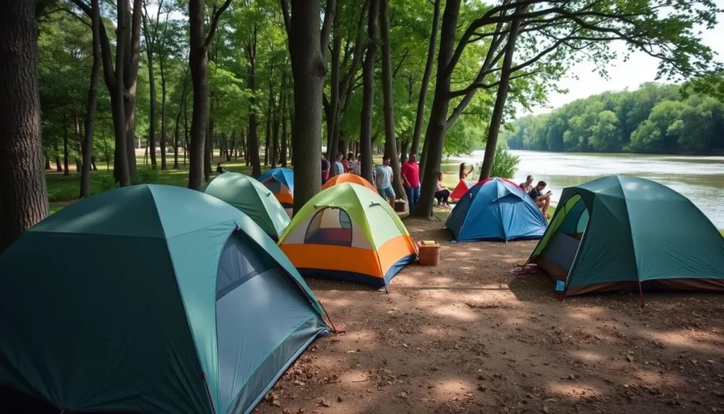 Campsite at Kaskaskia River State Park with tents set up among trees near the riverbank Campsite at Kaskaskia River State Park with tents set up among trees near the riverbank